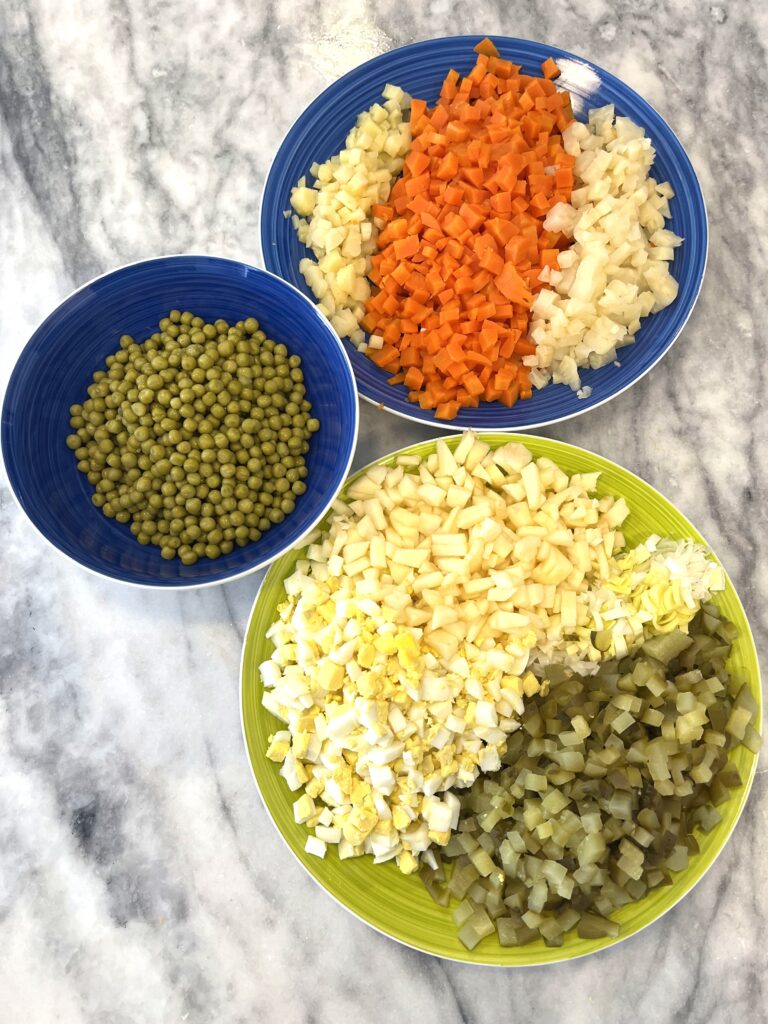 chopped vegetables for Polish vegetable salad aka Sałatka