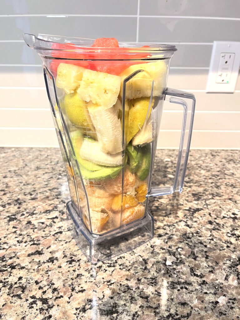 chopped fruits in the jar for Peak Performance Natural Viagra Smoothie
